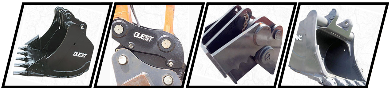 Quest attachments carries a wide range of excavator bucket, clamps/thumbs, and coupler/quick hitch attachments